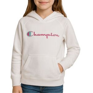 Champion White Hoodie Sweatshirt with Pink and Teal Logo